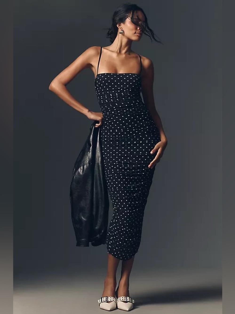 NEW AFRM Hazel Bare Mesh Polka Dot Spaghetti Strap Midi Dress Size L